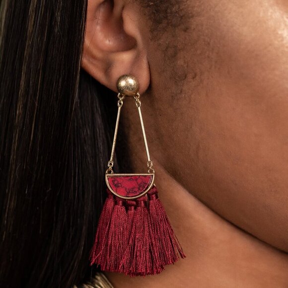 Vintage Burgundy Tassel Statement Earrings Boho Chic Jewelry - Picture 2 of 8